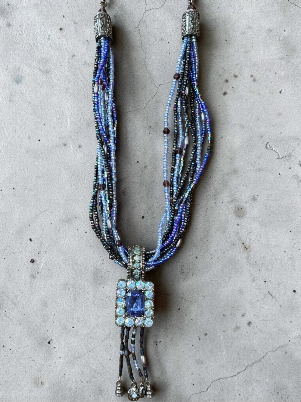 Blue Multi-Strand Beaded Pendant Necklace - SKU U
